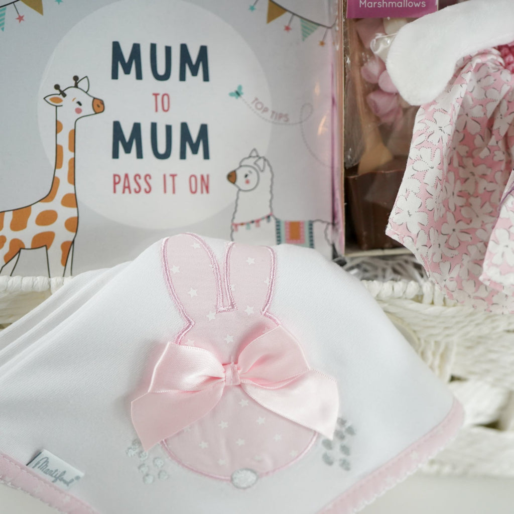 Pink Bunny Baby Gift Hamper Basket With Bunny  And Cuddle Wrap