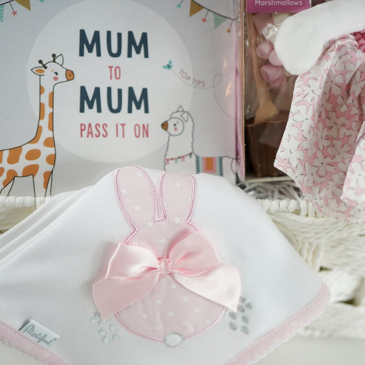 Pink Bunny Baby Gift Hamper Basket With Bunny  And Cuddle Wrap