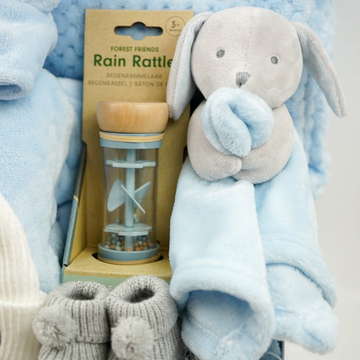 Personalised Baby Boy Hamper, Blue Newborn Gift Set with Dressing Gown, Comforter & Blanket