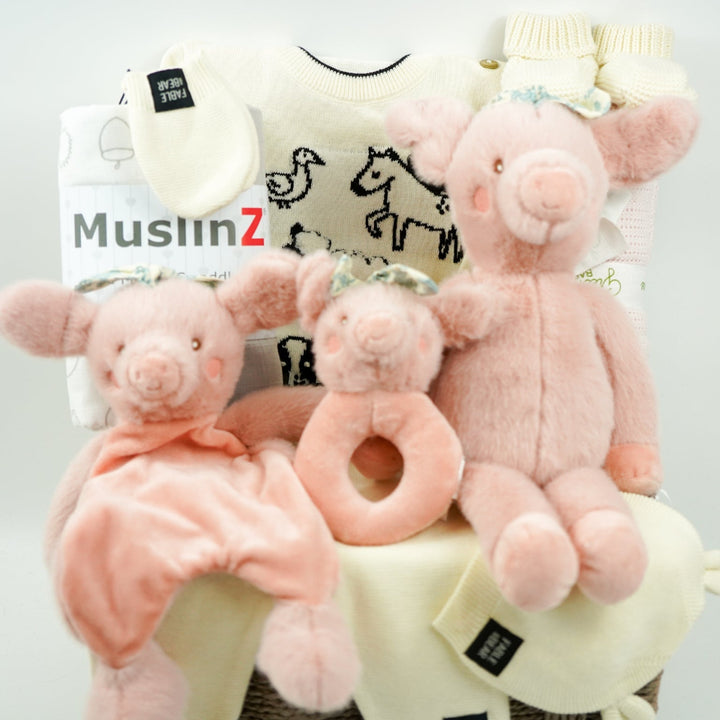 Luxury Farmyard Baby Hamper, Organic Cotton Clothing & Personalised Pig Comforter Set