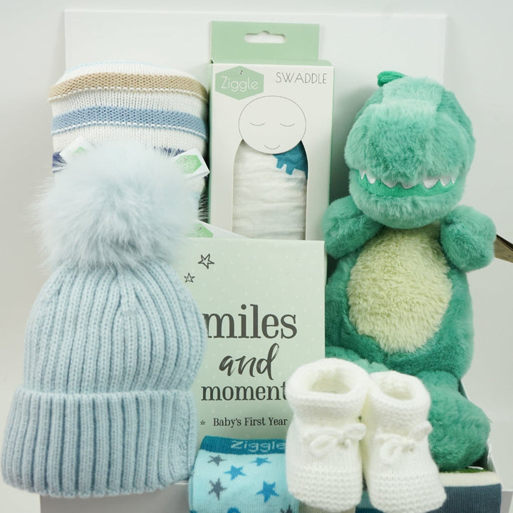 Dinosaur Baby Boy Gift Basket with Soft Baby Blanket