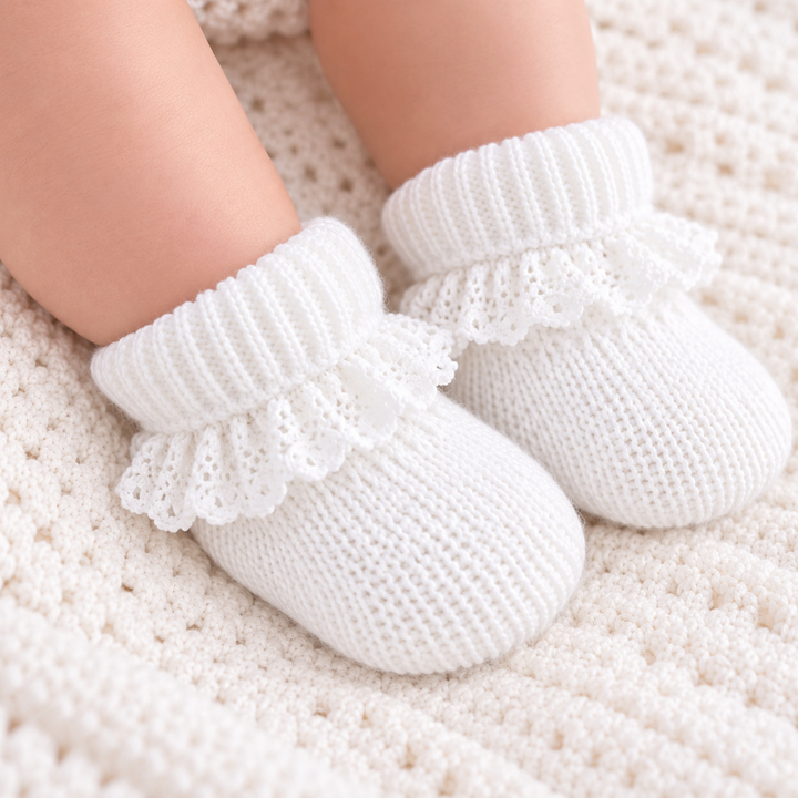 White knit baby booties with lace ruffle trim, 