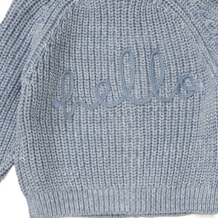 Blue chunky knit cardigan with 'hello' embroidery