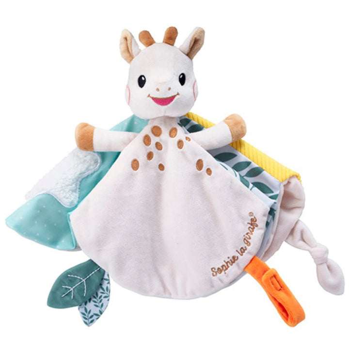 sophie la girafe baby comforter with brightly coloured taggies 