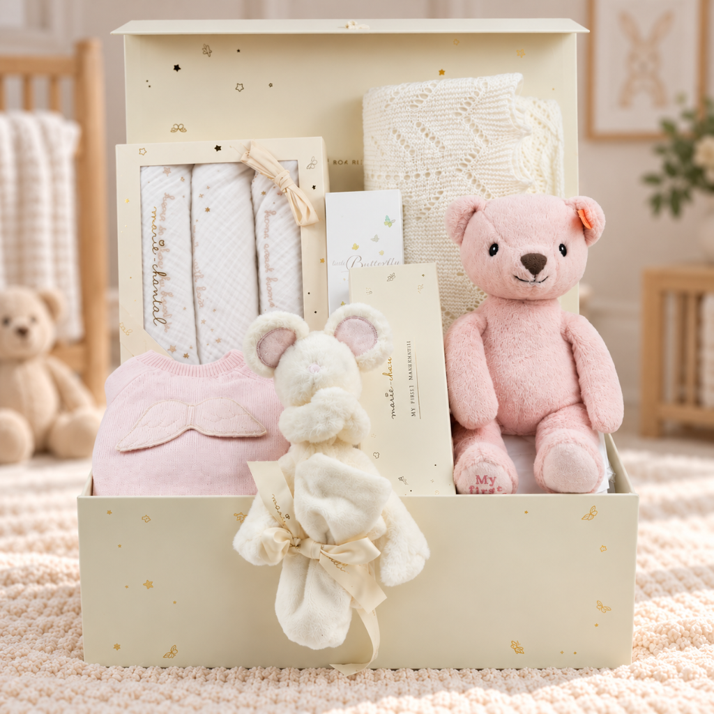 Luxury baby girl gift iin a cream box with ribbon tie, luxury box of muslins, pink cashmere romper, pink steiff my first teddy, hairbrush, luxury baby shawl and luxury baby hairbrush and toiletries