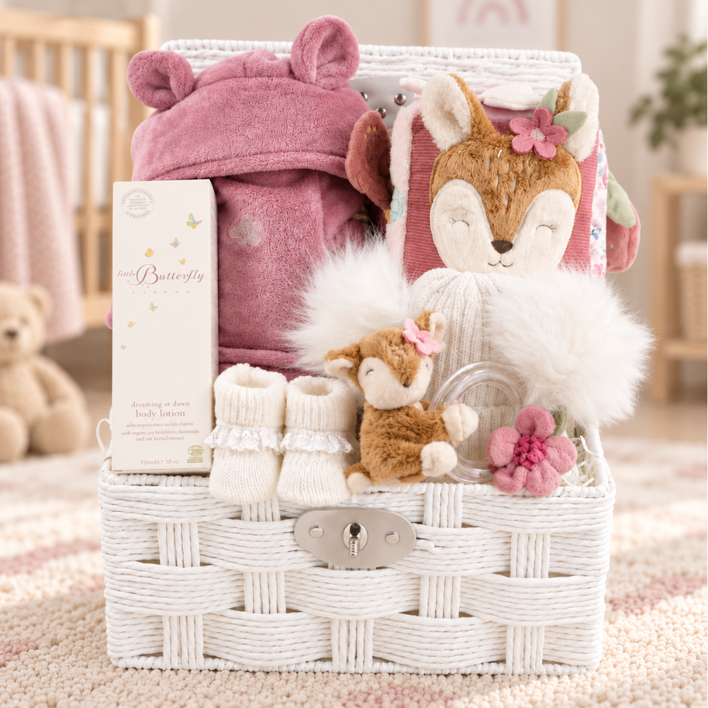 baby girl hamper basket with a ink baby dressing gown , soft book, white pompom hat , toiletries, rattle and white bootieds 