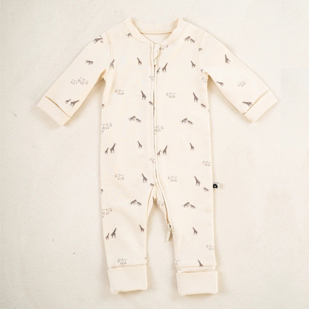 organic cotton baby sleepsuit with grey giraffes 