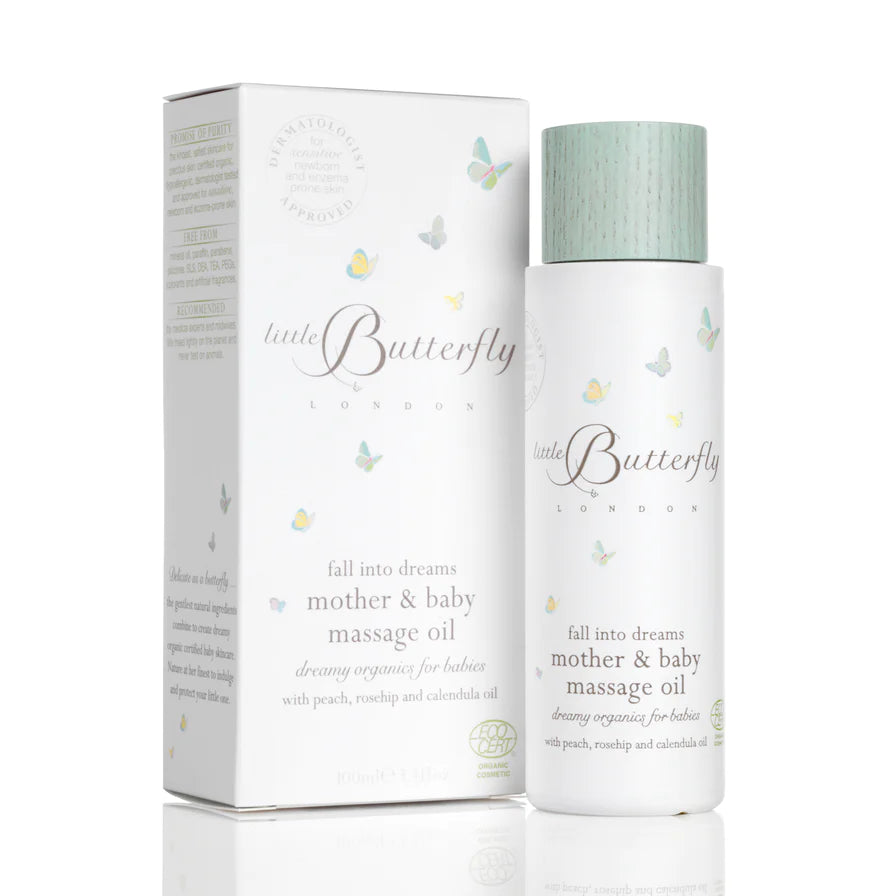 Organic baby and mother massage oil in white box 
