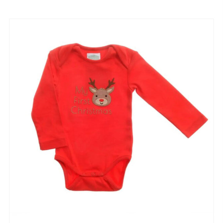 Red baby onesie with a reindeer design and 'My First Christmas' text on a white background