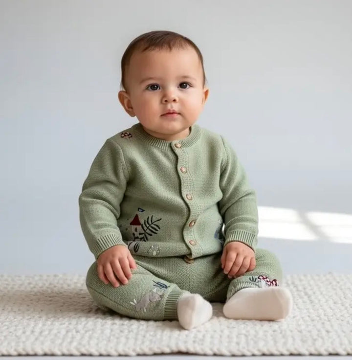 Baby green knitted baby set with enchanted forest embroidery 