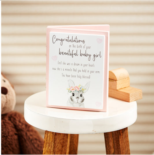 Baby girl congratulations card in wood to last forever