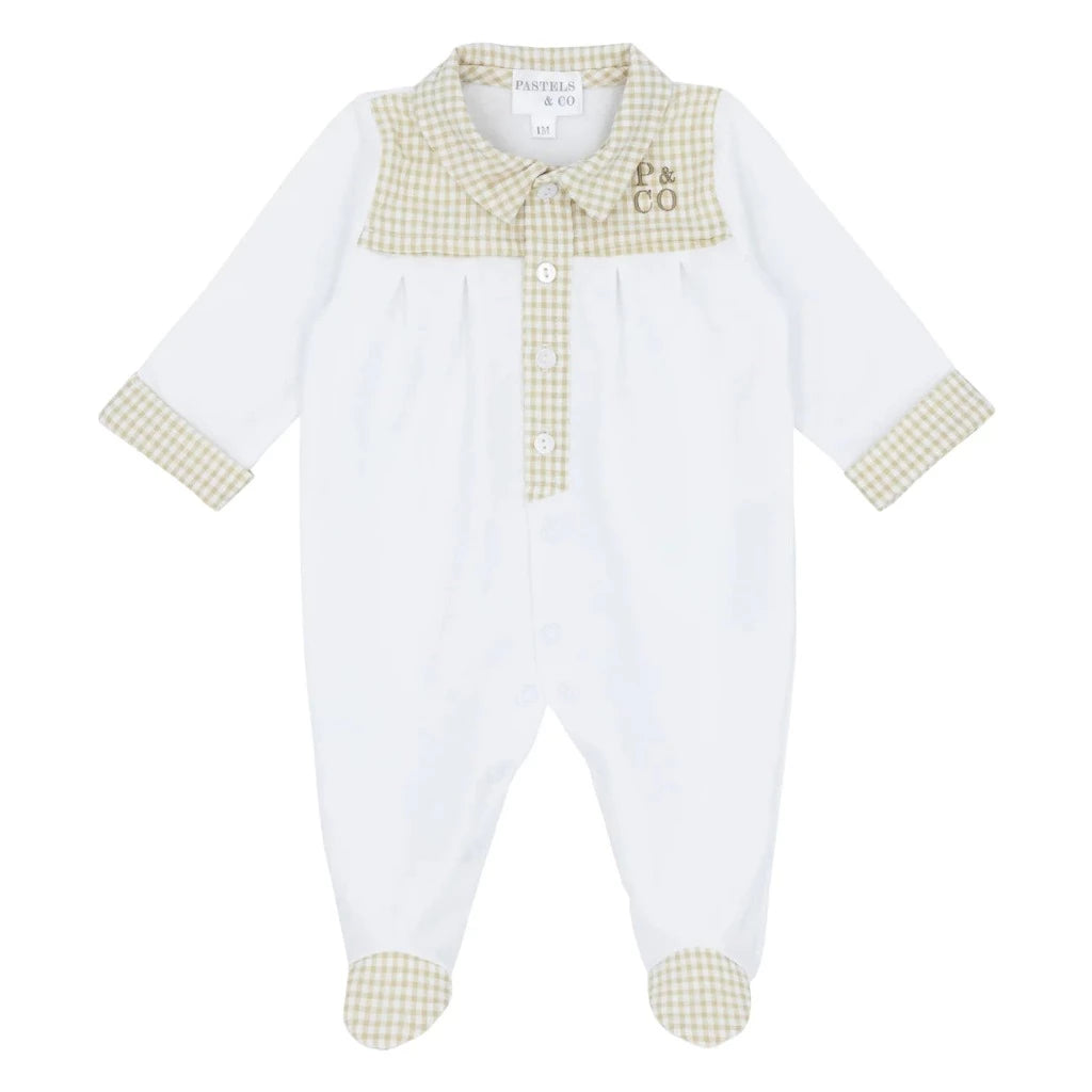 Portuguese baby boy white sleepsuit with beige check collar cuffs and feet