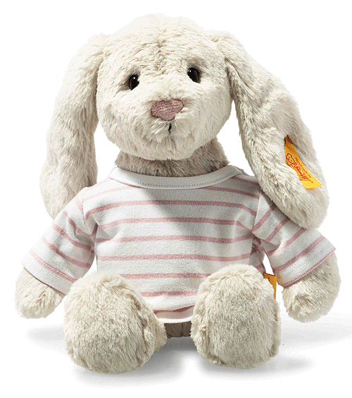 Soft cuddly steiff rabbit in grey with a pink and white striped t shirt 