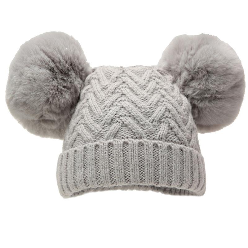 Grey chevron design baby double pom pom hat 