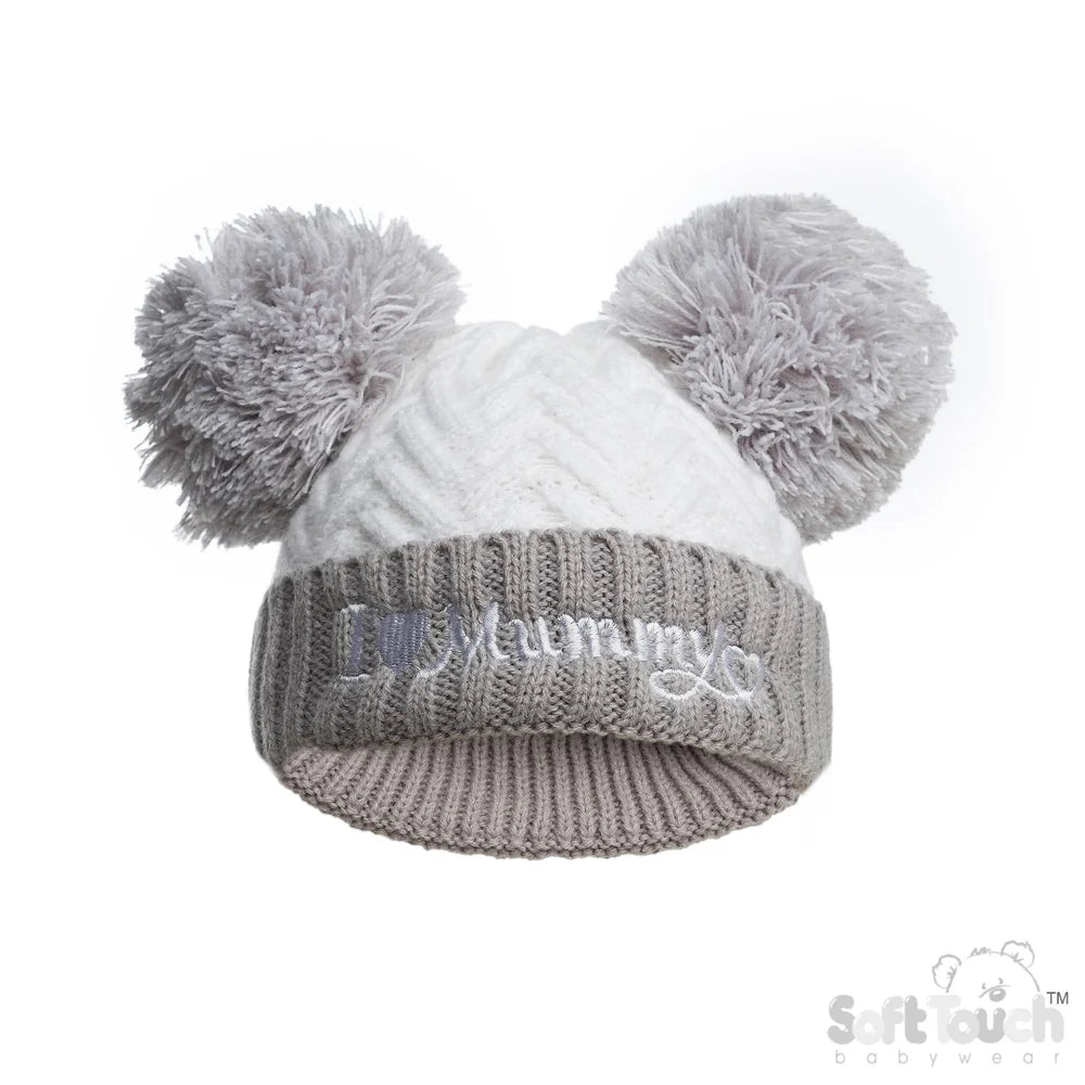 I Heart Mummy And I Heart Daddy Baby Pompom Hat In Grey