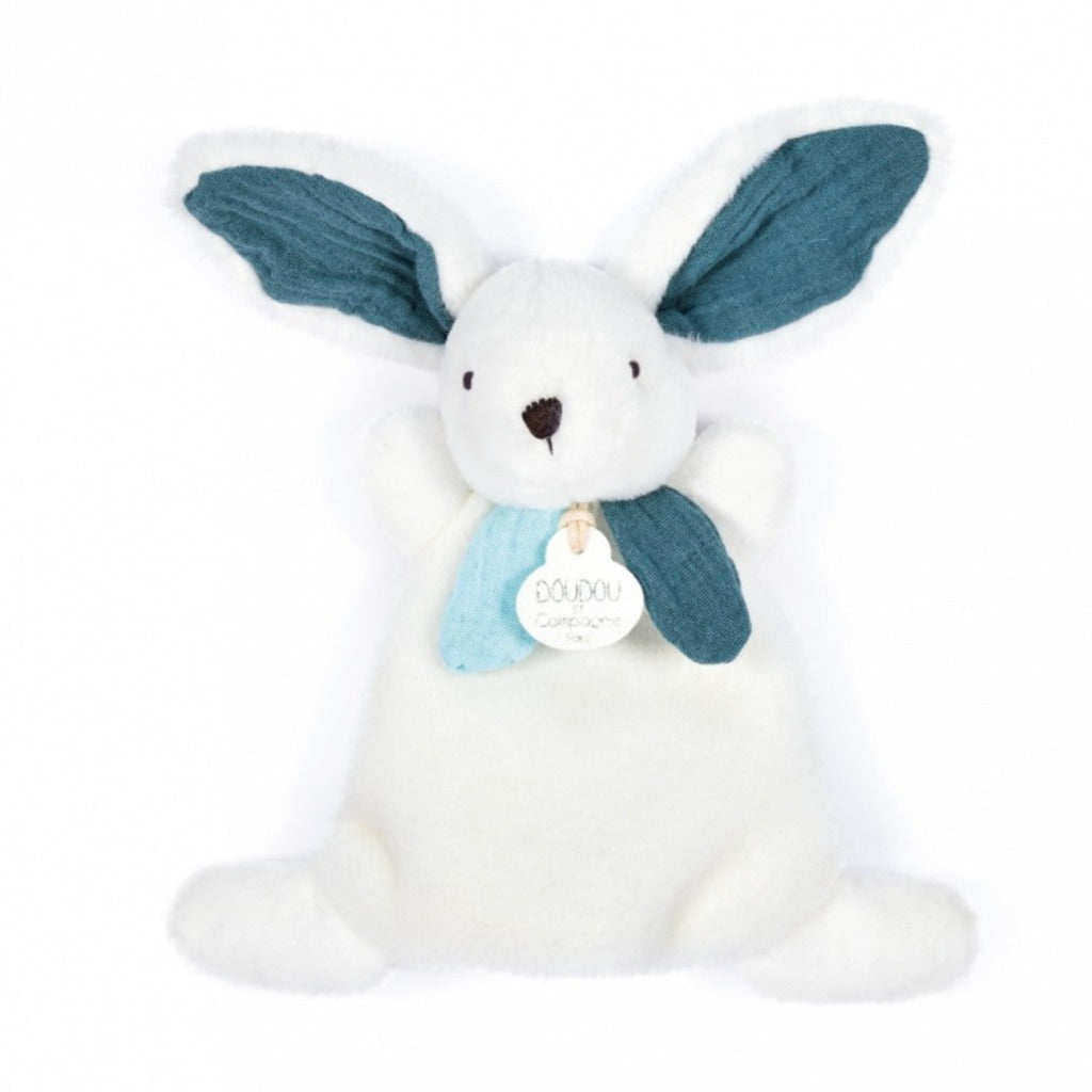 Baby white rabbit doudou with blue grey inner ears, in a box