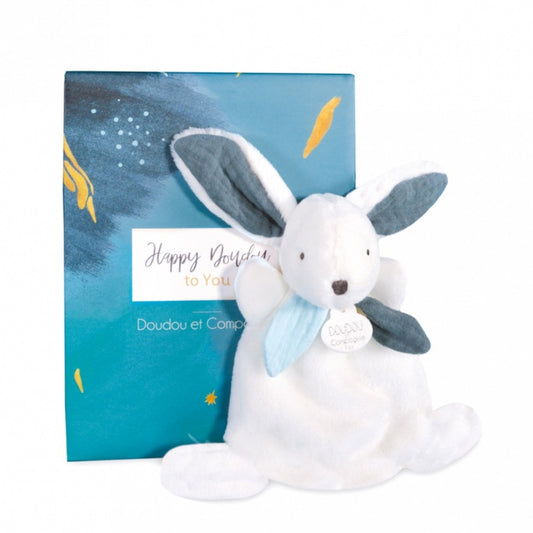 Baby white rabbit doudou with blue grey inner ears, in a box
