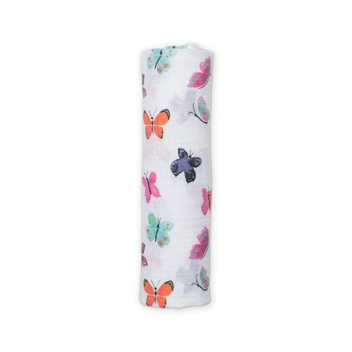 baby swaddle in white with colourful butterflies 