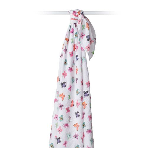 baby swaddle in white with colourful butterflies 