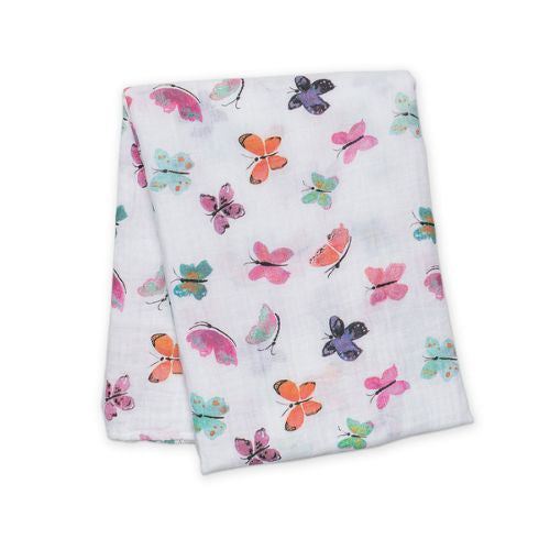baby swaddle in white with colourful butterflies 