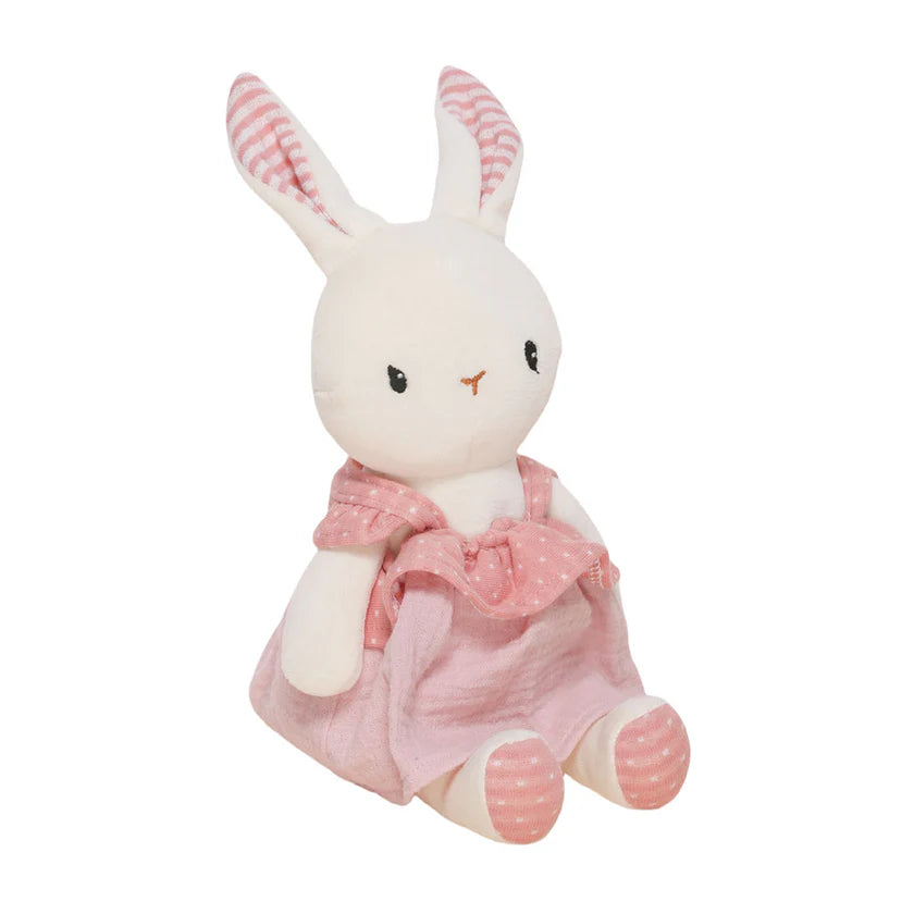 White organic bunny soft toys in a pink dress