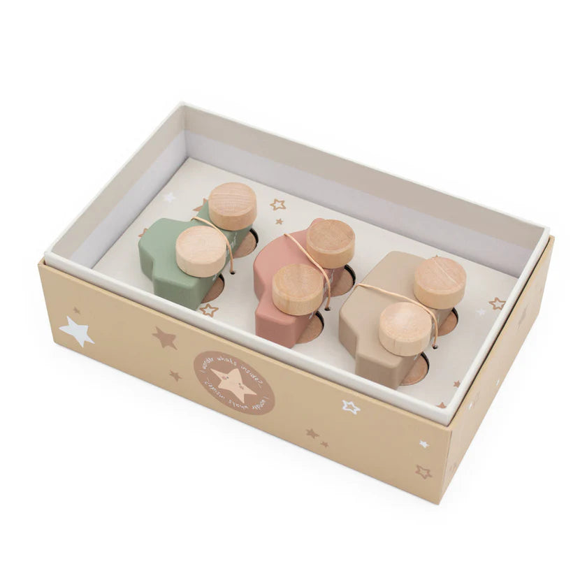 toddler gift set with 3 pastle wooden cars