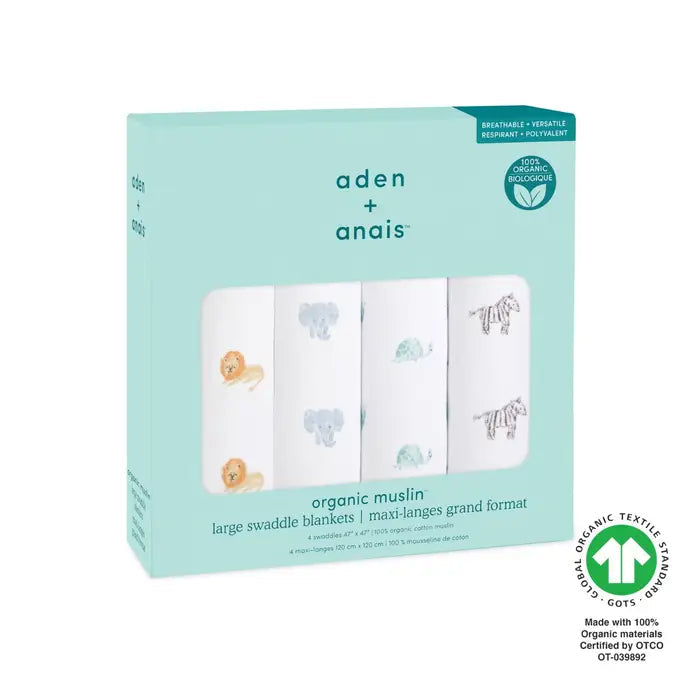 Aden & Anais Organic Cotton Large Swaddle 4 Pack, Animal Kingdom