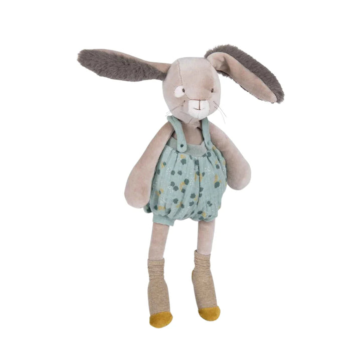 Luxury baby hamper with green hooded baby towel with ears, soft grey rabbit in green clothing set, rabbit slippers, cream and green baby swaddle, baby toiletries, green rabbit comforter, sophie la girafe teether toy, white baby sleepsuit with grey mice and magnetic fastenings all in a natural hamper basket 