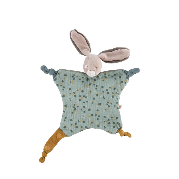 Luxury baby hamper with green hooded baby towel with ears, soft grey rabbit in green clothing set, rabbit slippers, cream and green baby swaddle, baby toiletries, green rabbit comforter, sophie la girafe teether toy, white baby sleepsuit with grey mice and magnetic fastenings all in a natural hamper basket 