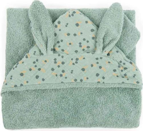 Luxury Neutral Baby Hamper Gift In Green, Moulin Roty Trois Lapin's Soft Toy And Baby Comforter