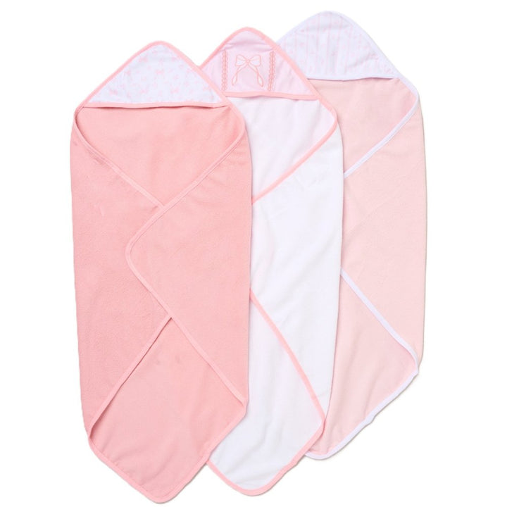 Pink and white baby bath set includes 3 hooded baby towels and 3 wash cloths 