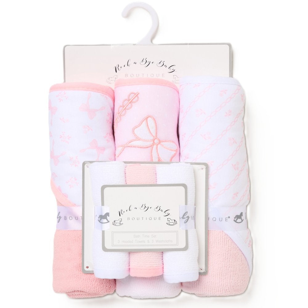 Pink and white baby bath set includes 3 hooded baby towels and 3 wash cloths 