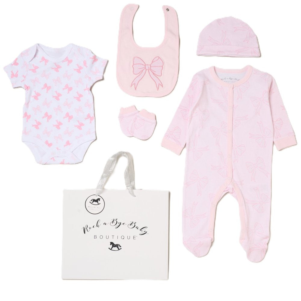 Baby clothing set, pink with bows 