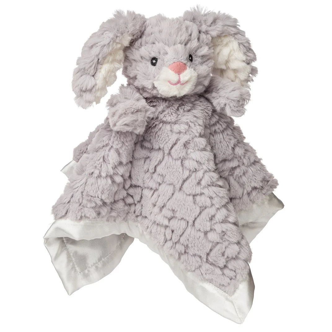Gray plush bunny with a blanket on a white background
