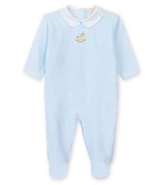 A light blue baby footed one-piece jumpsuit with a white Peter Pan collar and a small embroidered rocking horse on the chest, shown against a plain white background.
