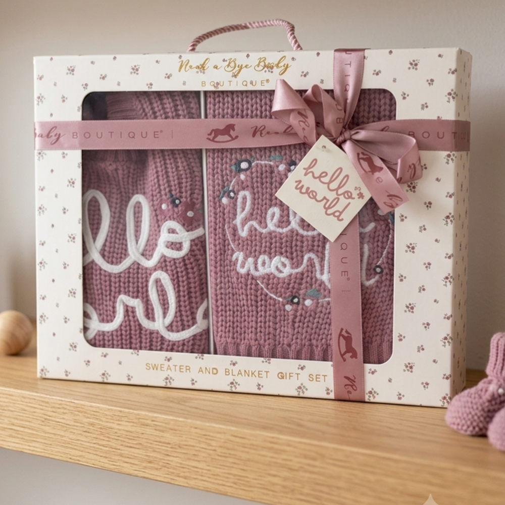 A boxed gift set containing a pink knitted sweater and matching blanket, displayed in a decorative white gift box with a pink ribbon and bow. The sweater and blanket both feature white script text reading 'hello world' with small floral and horse motifs.