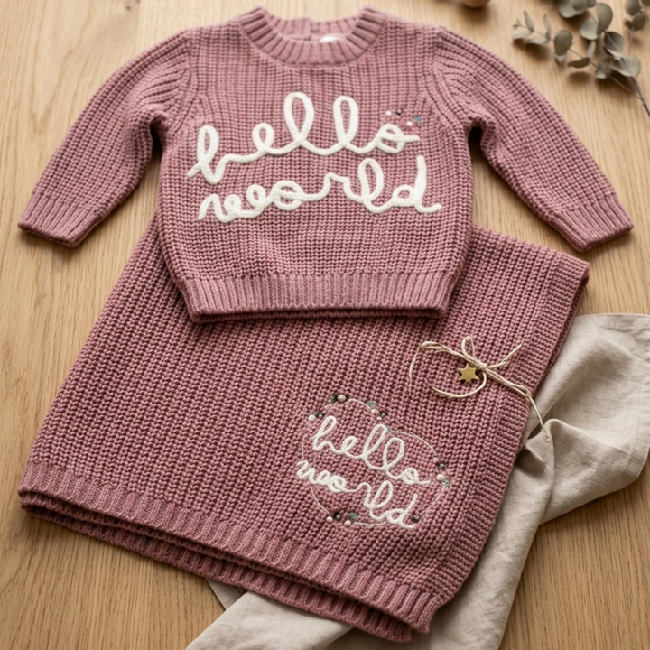 A baby girl's two-piece knit outfit set consisting of a long-sleeve sweater and a matching skirt in dusty rose pink, featuring 'hello world' embroidered in white script with tiny colorful star accents. The set is styled on a light wooden surface with a beige linen cloth and dried eucalyptus leaves.