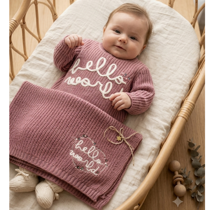 A baby lying in a wicker bassinet wearing a dusty rose waffle-knit long-sleeve sweater and matching blanket with 'hello world' embroidered in white script.