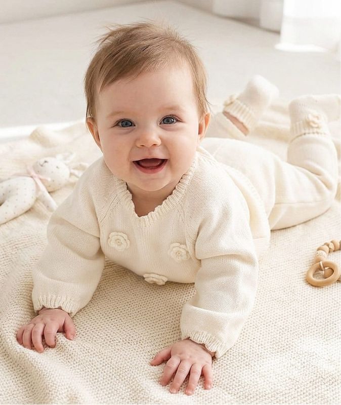 Luxury Baby Girls Ivory 3D Floral Applique Knit Jumper & Joggers