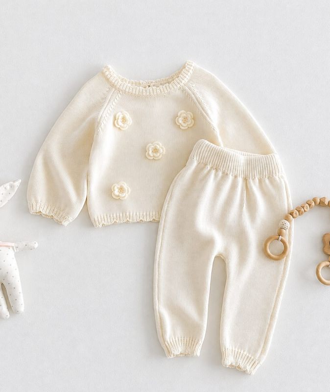 A luxury baby knit two-piece outfit set consisting of a cream-coloured long-sleeve top with decorative flower appliqués and matching elastic-waist joggers