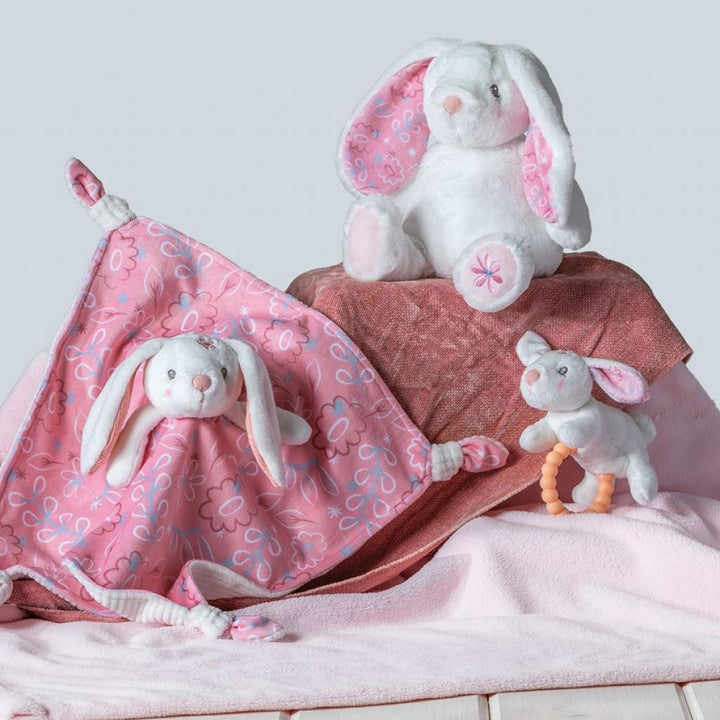 plush bunny comforter in pink and white