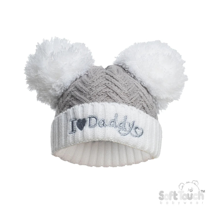 I Heart Mummy And I Heart Daddy Baby Pompom Hat In Grey