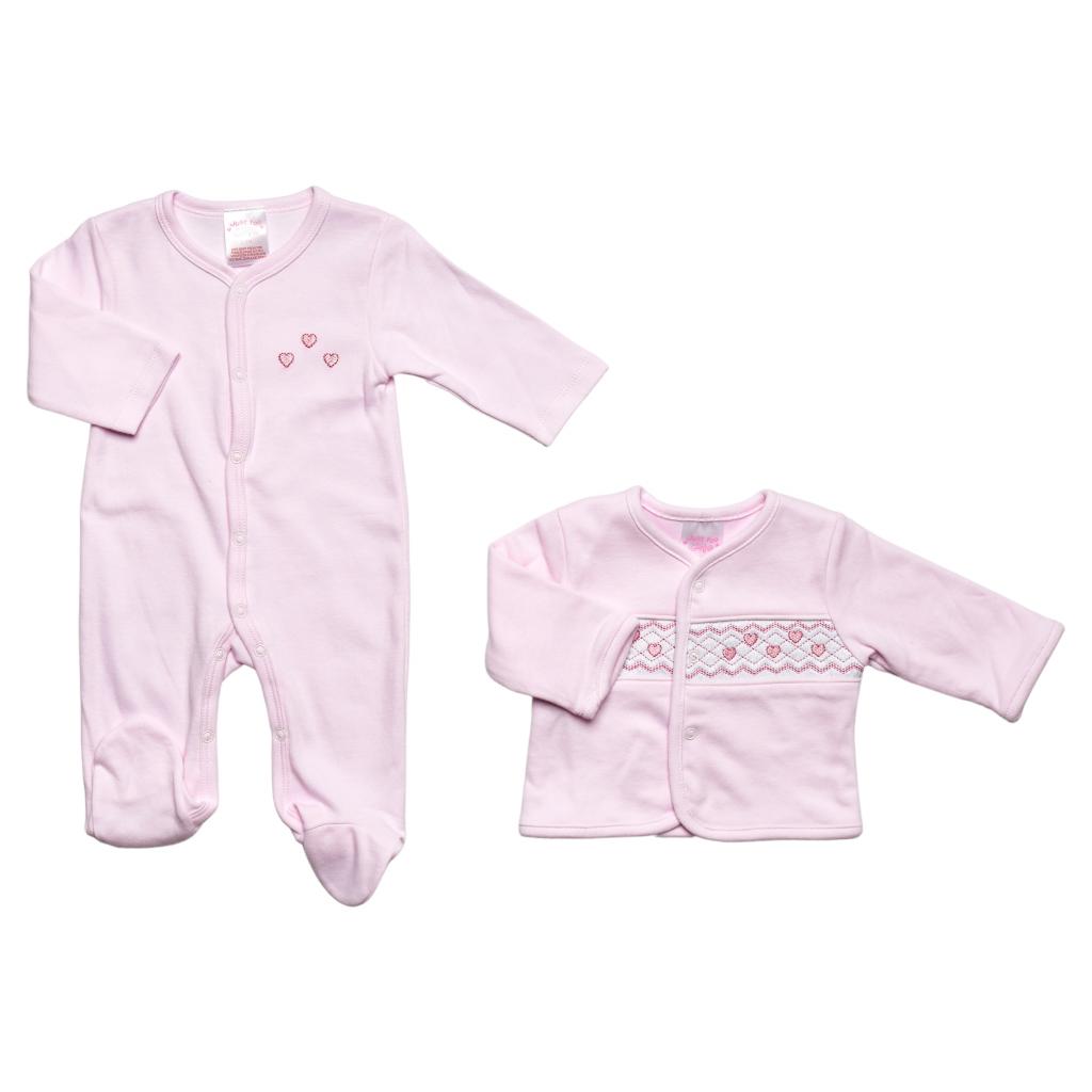 Pink baby sleepsuit with embroidered hearts, matching jack with smocked area with pink embroidered hearts