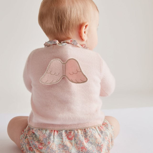 Baby cardigan in pink cashmere with angle wings on the back