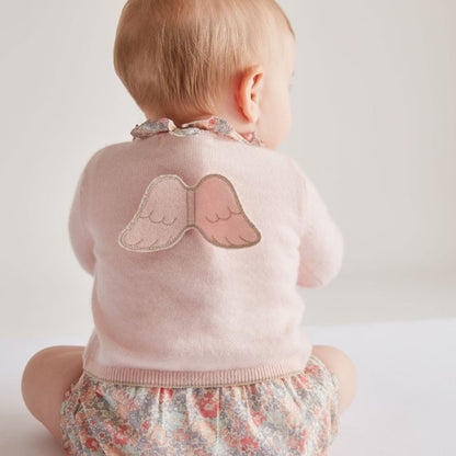 Baby cardigan in pink cashmere with angle wings on the back