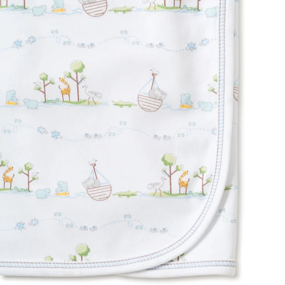 white prima cotton blanket  with Noah's ark and animals with blue accent 