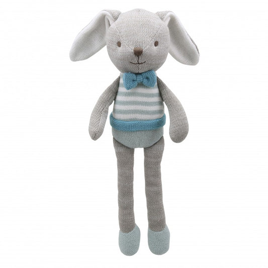 Grey knit bunny with blue and grey stripe top with a bow tie