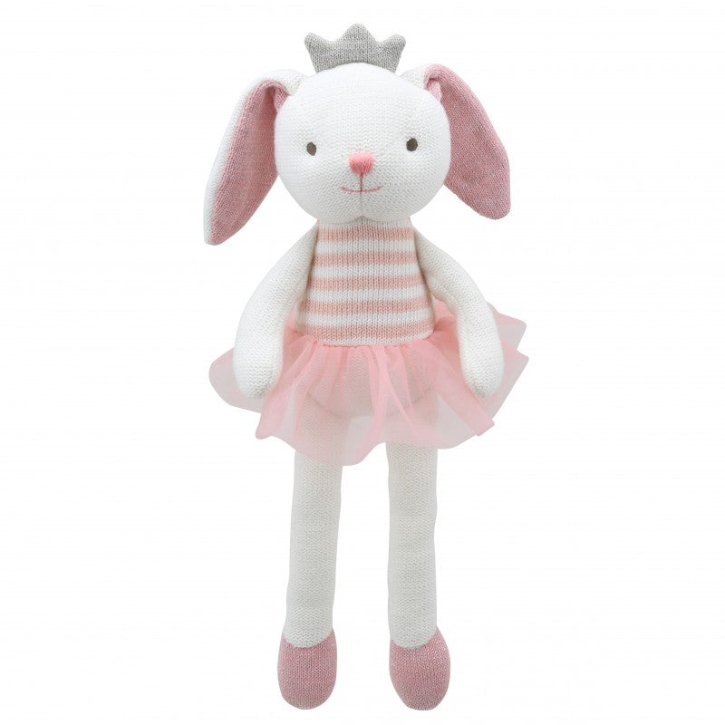 White and pink knitted bunny with a stripe toy and pink tulle skirt and pink crown