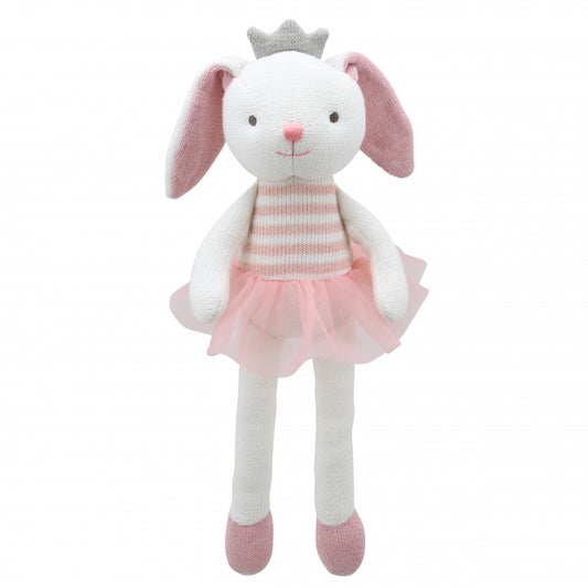 White and pink knitted bunny with a stripe toy and pink tulle skirt and pink crown