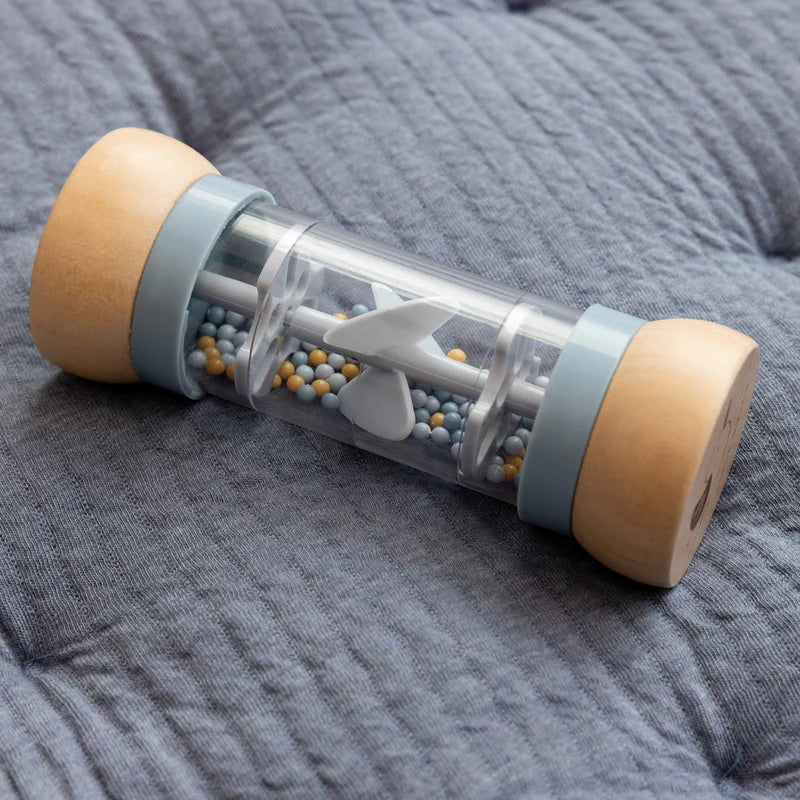 Rain rattle sensory toy, wooden ends blue and yellow beads